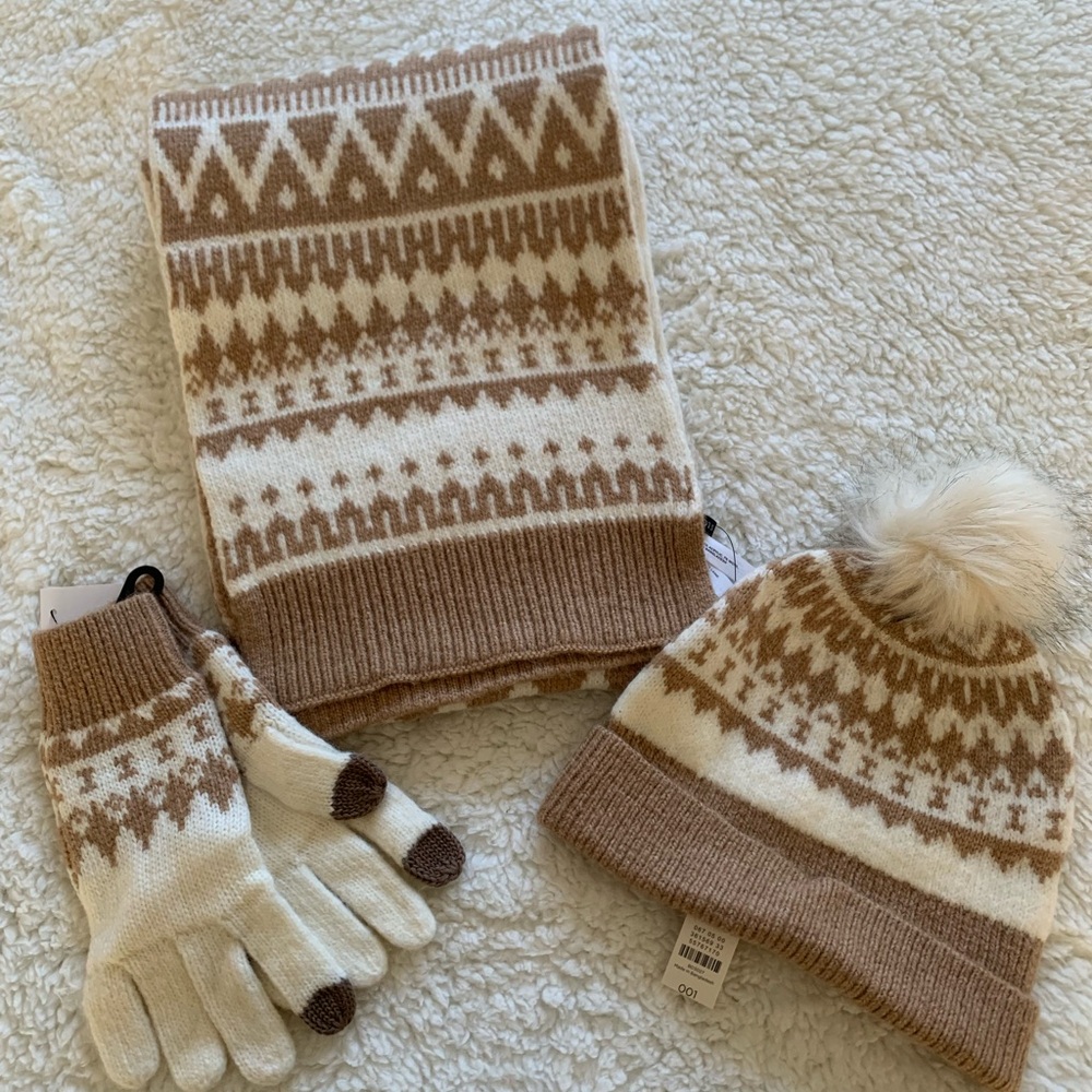 Talbots Brown and Cream Knit Hat Gloves and Scarf Set